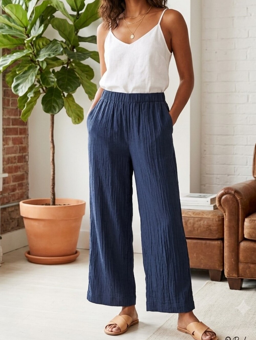 Abercrombie & Fitch Navy Blue Crinkled Wide Leg Pull On Pants Large